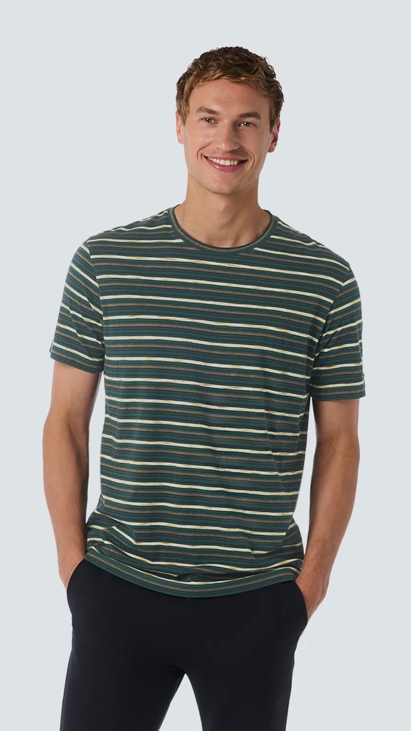 No Excess T-Shirt with Round Neck and Multicolor Stripes Dark Green