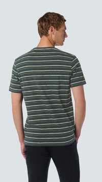 No Excess T-Shirt with Round Neck and Multicolor Stripes Dark Green