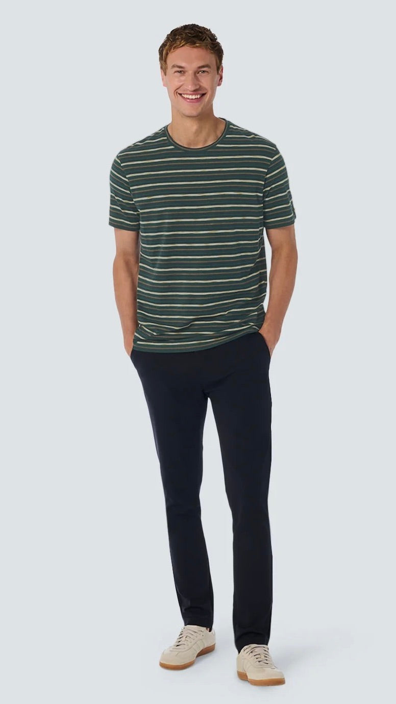 No Excess T-Shirt with Round Neck and Multicolor Stripes Dark Green