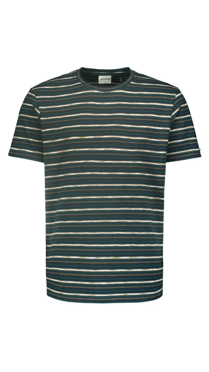 No Excess T-Shirt with Round Neck and Multicolor Stripes Dark Green