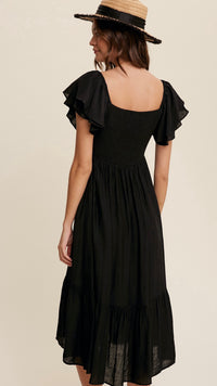 Gabriela Square Neck Ruffle Sleeve Dress Black