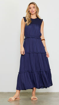 Cacie Crochet Satin Tiered Dress Navy