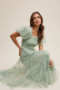 Penelope Tulle Puff Sleeve Dress Mint