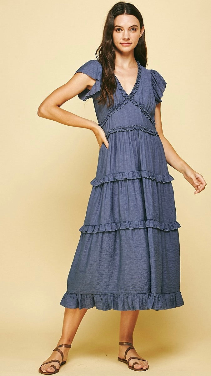 Lilly Midi V Neck Ruffle Dress Dusty Blue