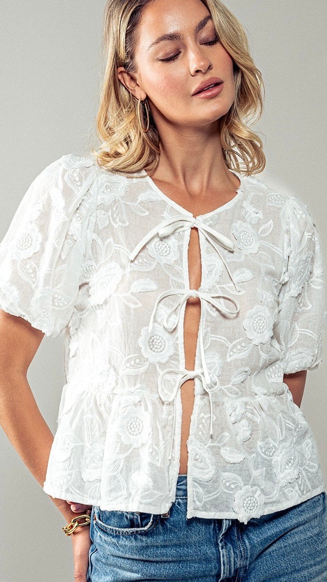 Floral Embroidered Tie Front Top White