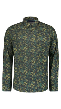 No Excess Allover Printed Dark Green Long Sleeve Stretch Shirt