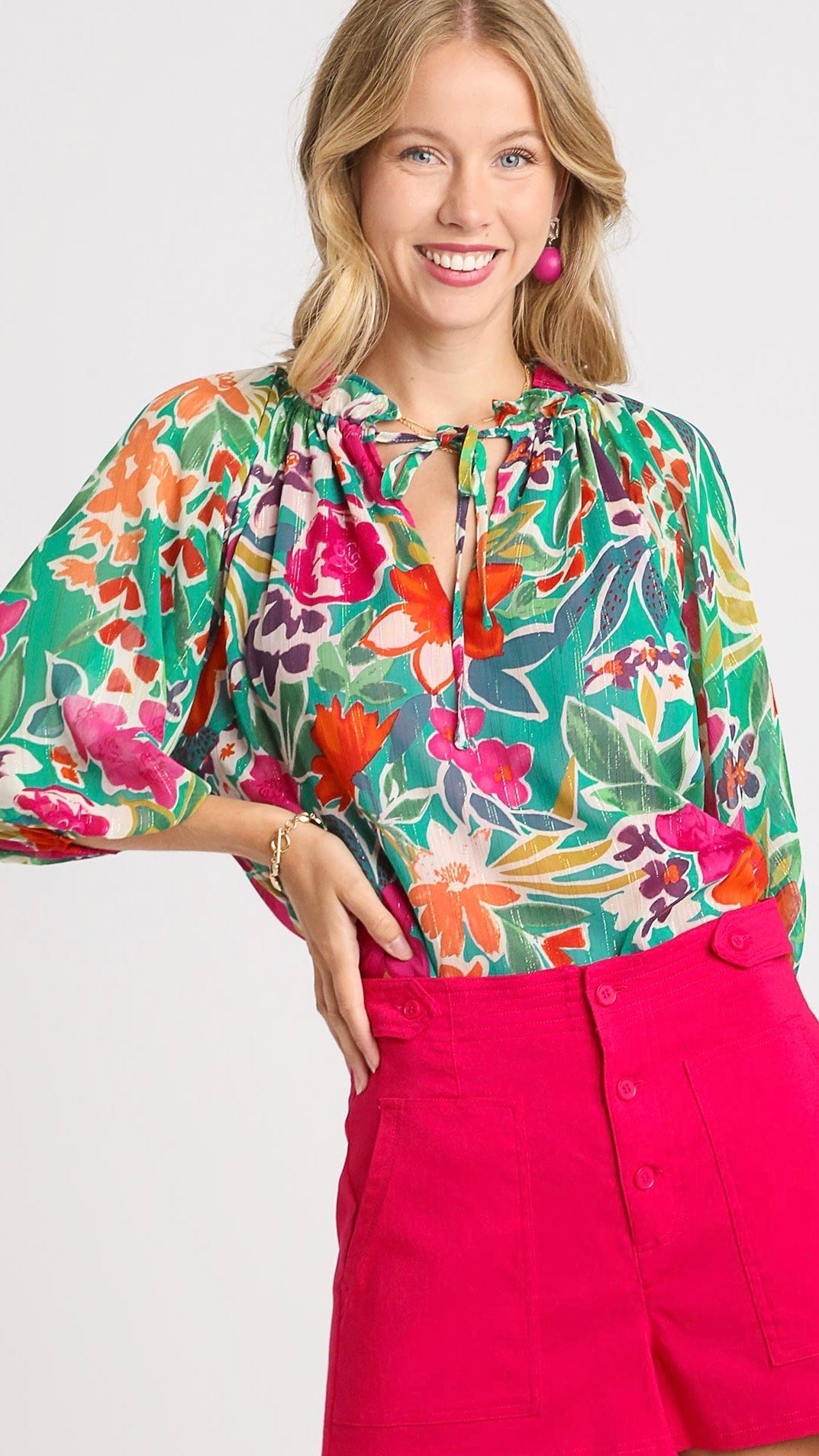 Lara Lurex Metallic Top Green Floral