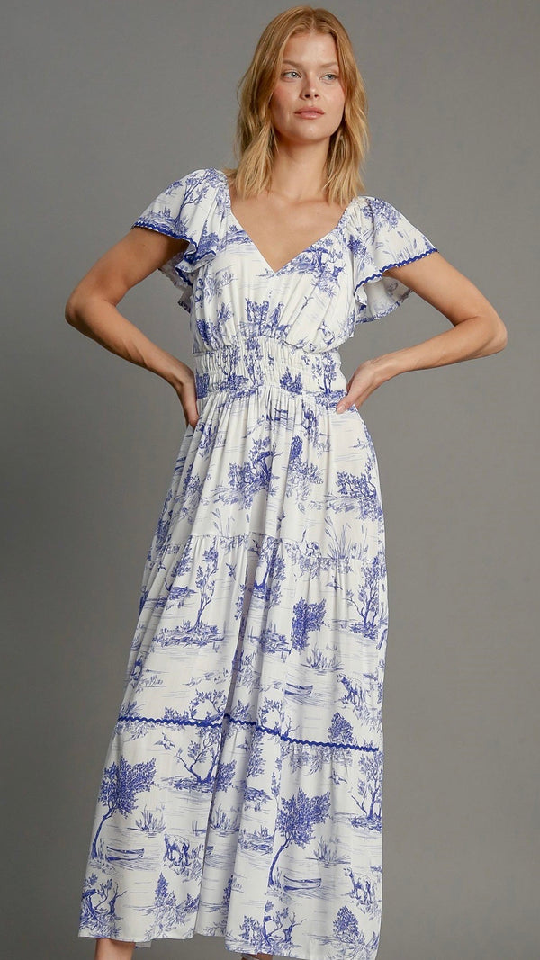 Leah Landscape Print Maxi Dress Blue