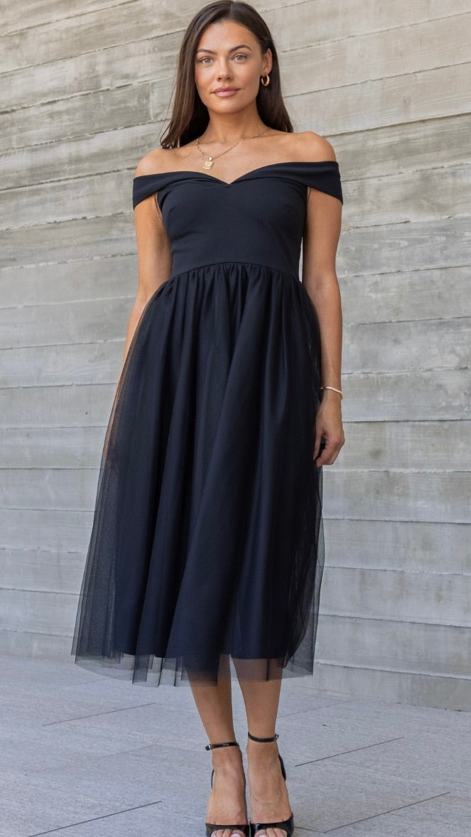 Vanessa Off the Shoulder Tulle Midi Dress Black