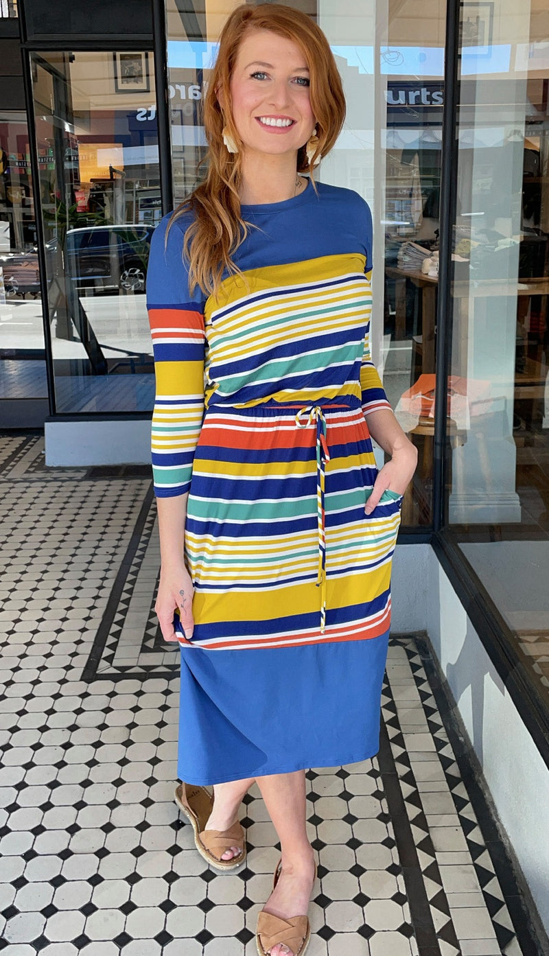 Becky 3/4 Sleeve Midi Dress Mustard Stripe – The Rock Box Store