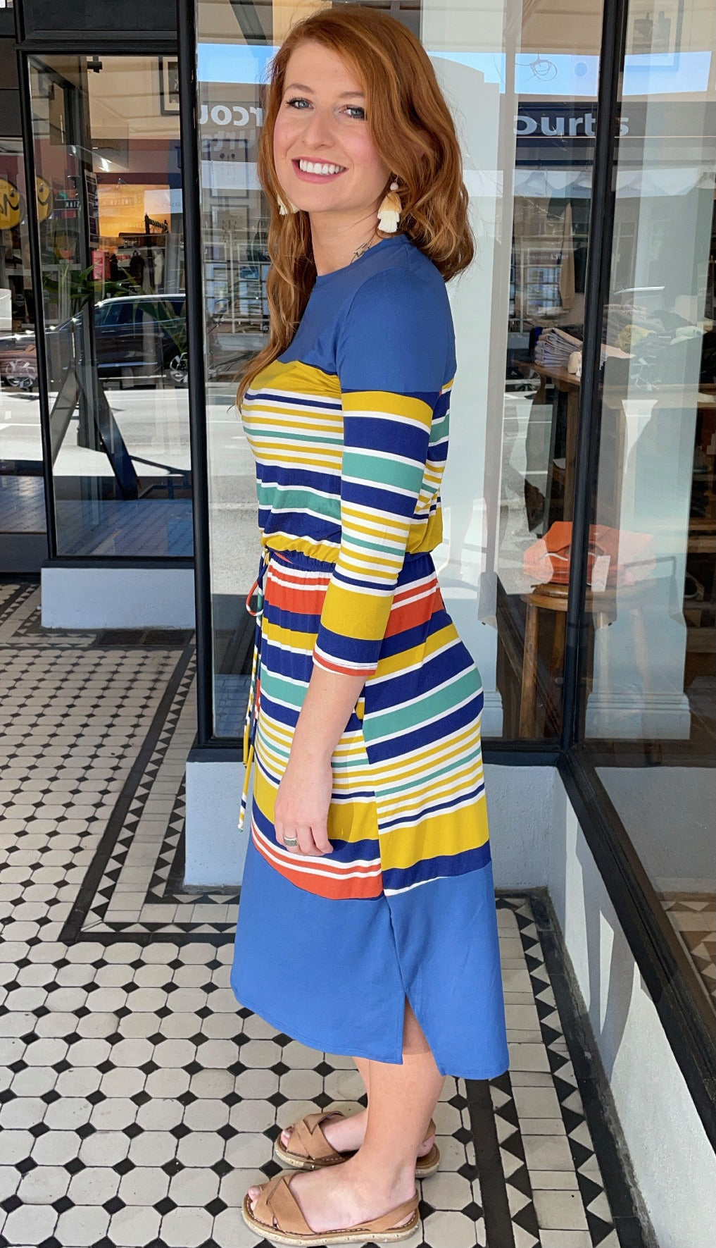 Becky 3/4 Sleeve Midi Dress Mustard Stripe – The Rock Box Store