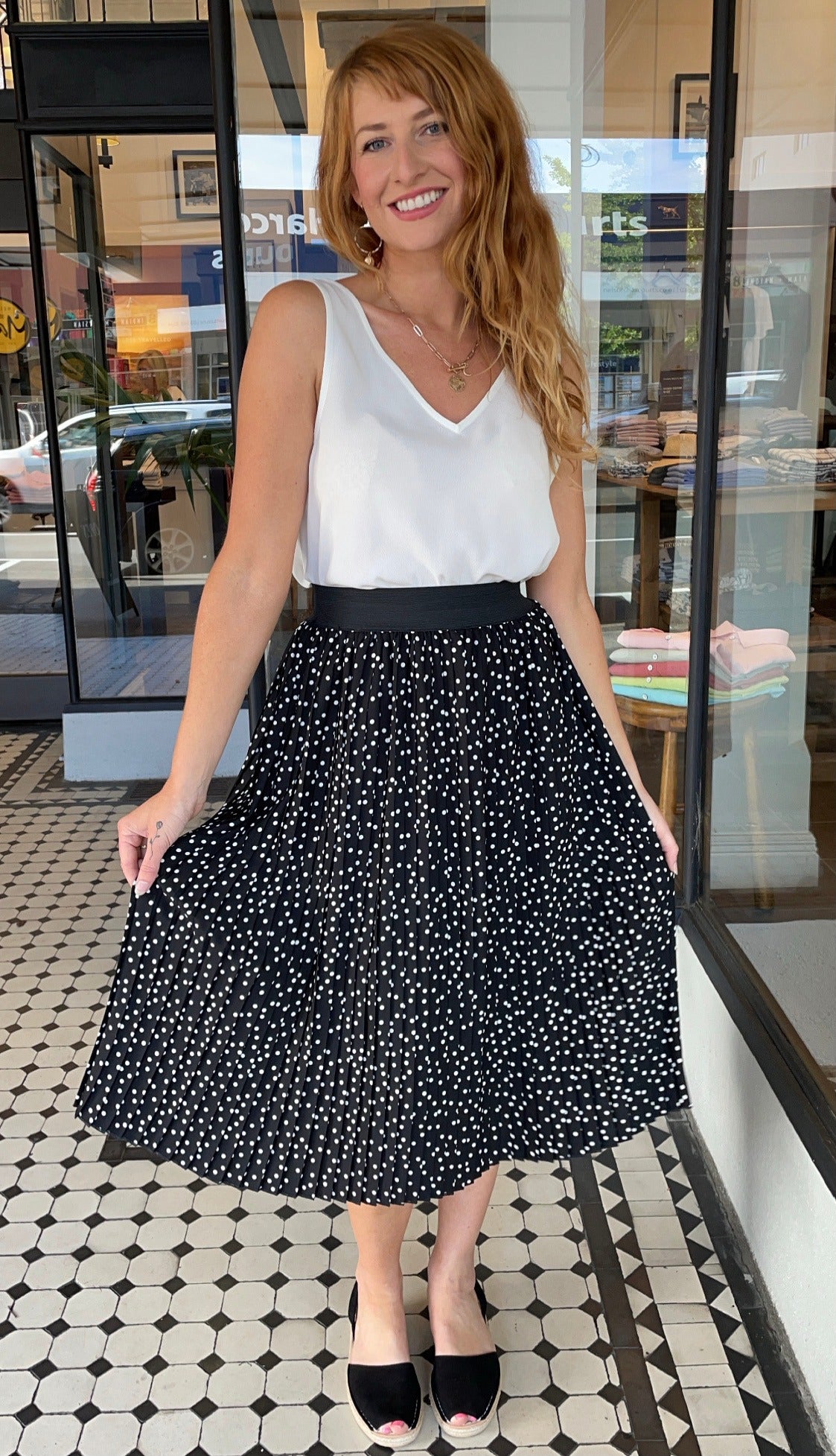 Black polka dot shop pleated midi skirt