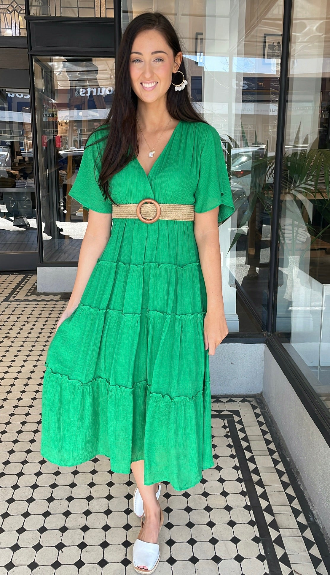 Val Textured Tiered Midi Dress Kelly Green The Rock Box Store