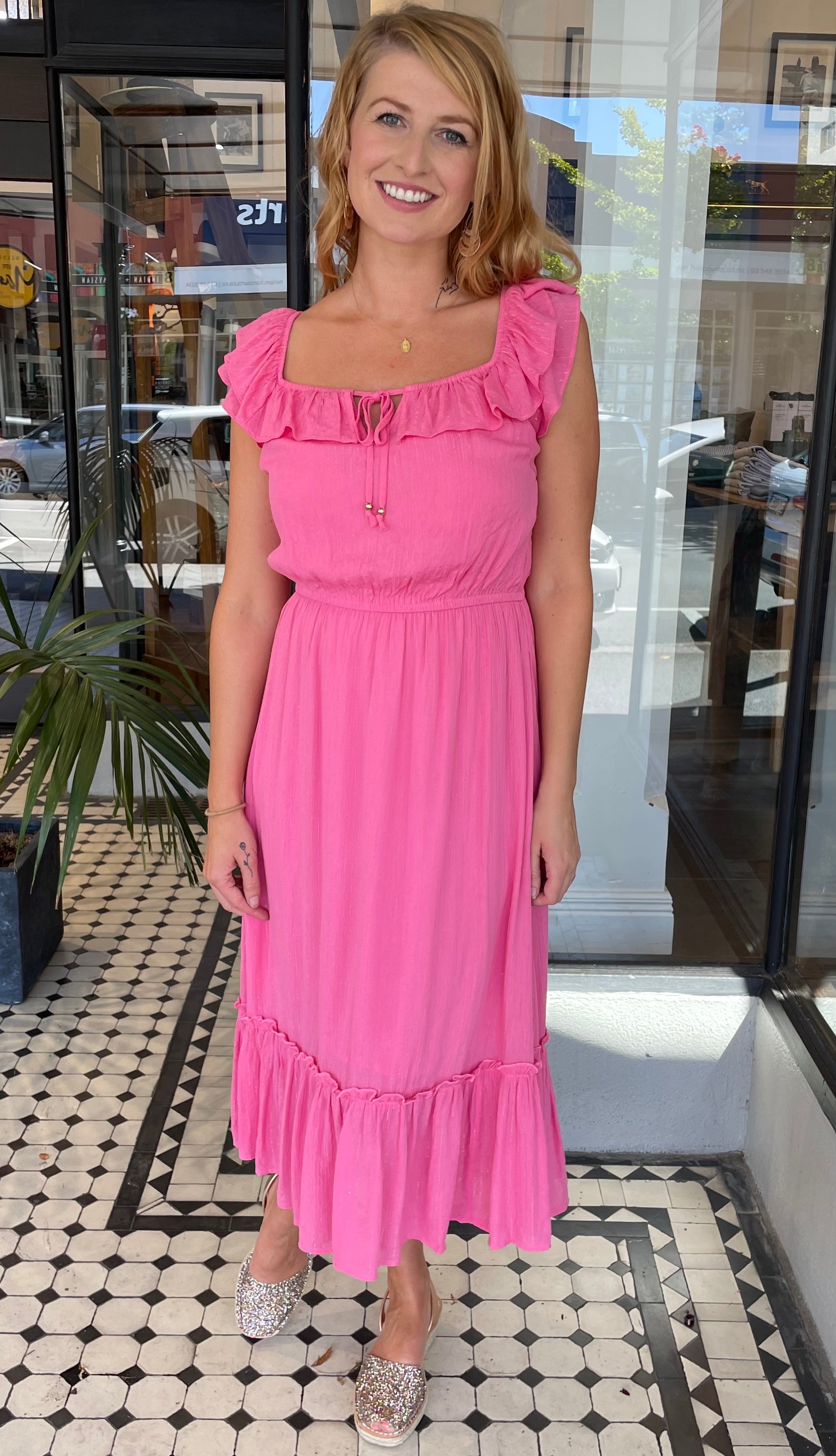 Pink stripe midi clearance dress